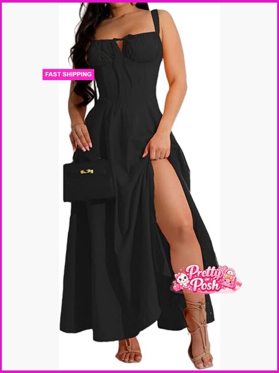 Dresses & Skirts - Polyester Spandex Corset Dress Spaghetti Strap A-Line Slit Sundress